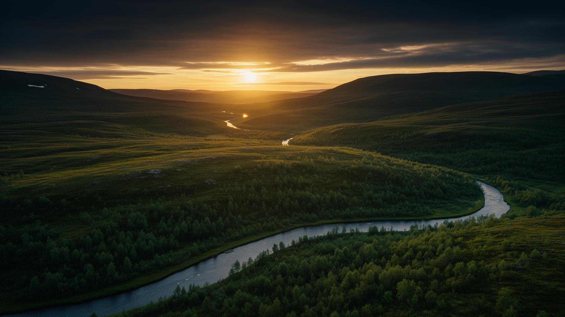 Midnight sun over the green fells of Levi, Finnish Lapland