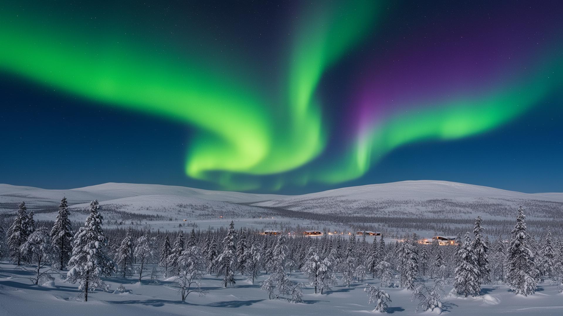Aurora borealis over the snow-covered fells of Levi, Finnish Lapland